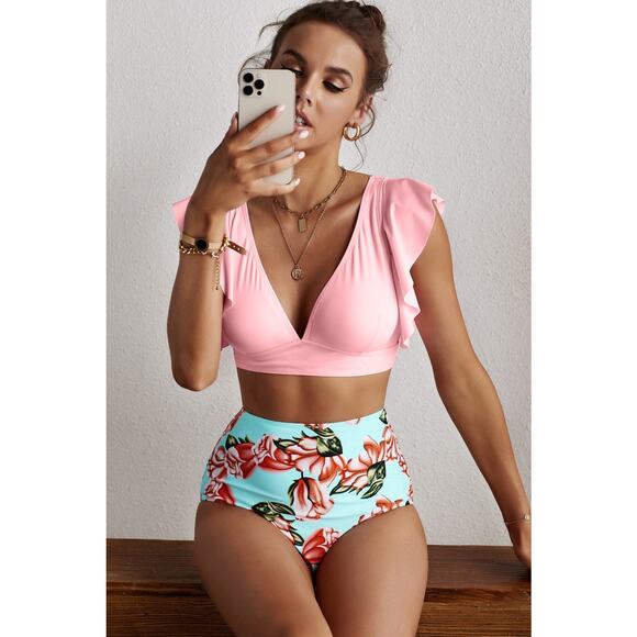NWT Pink Ruffle Shoulder Top Floral Printed High Waist Bottom Bikini - Picture 4 of 9